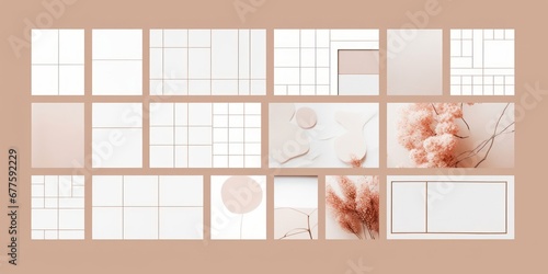 Moodboard grid. Mosaic photo collage layout abstract minimalist blank photography album page mockup. isolated set, Generative AI