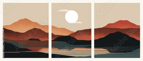 Abstract landscape collage. Minimalist posters mountains lake sea moon sun, contemporary wall art design for print, Generative AI © Focal Imaging