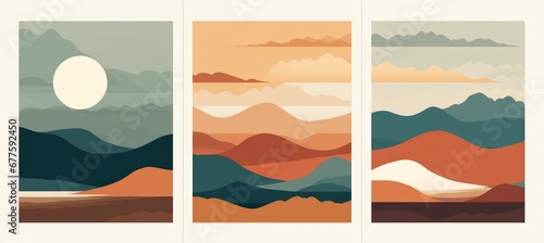 Abstract landscape collage. Minimalist posters mountains lake sea moon sun, contemporary wall art design for print, Generative AI
