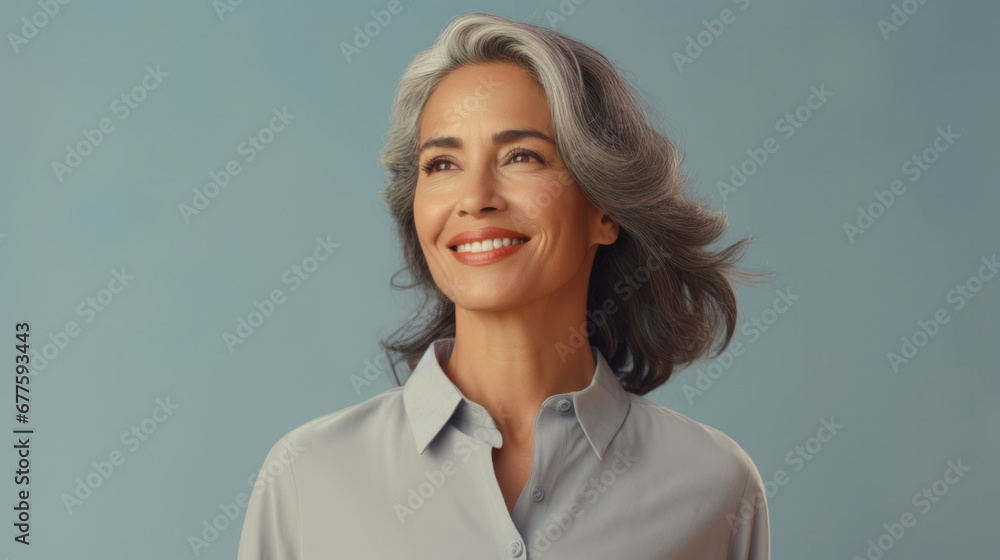Radiant mature woman with silver hair, looking away, light blue background. Radiant mature woman with silver hair, looking away, light blue background.