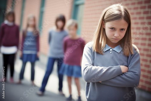 Offended girl is ignored by her school friends. Kids communication problem, bullying at school.