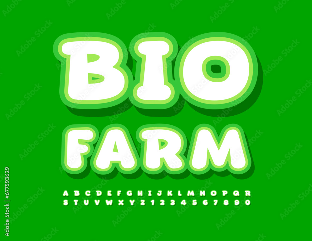 Vector eco concept Bio Farm. White and Green sticker Font. Bright Creative Alphabet Letters, Numbers and Symbols set. Vector eco concept Bio Farm. White and Green sticker Font. Bright Creative Alphabet Letters, Numbers and Symbols set.