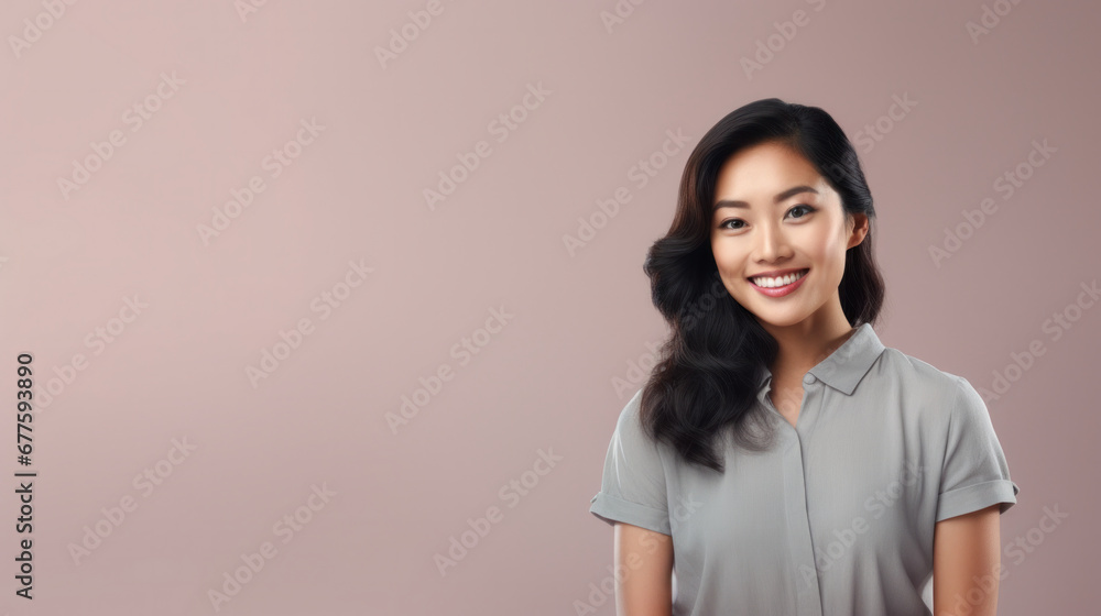 Radiant Asian woman with a warm smile, wearing a casual grey blouse against a soft pink background Radiant Asian woman with a warm smile, wearing a casual grey blouse against a soft pink background