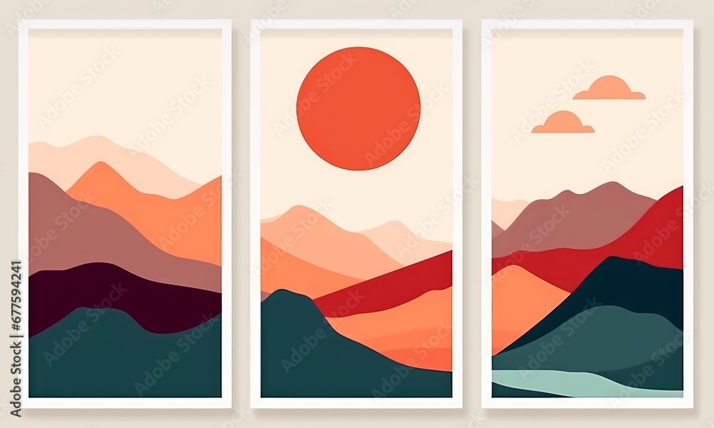 Landscape minimalist prints. Abstract nature set, contemporary mountain posters, hand drawn backgrounds.  illustration, Generative AI
