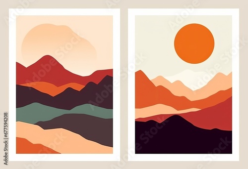 Landscape minimalist prints. Abstract nature set, contemporary mountain posters, hand drawn backgrounds. illustration, Generative AI © Focal Imaging