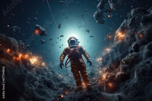 astronaut in a space suit in outer space. Fantasy illustration © dashtik