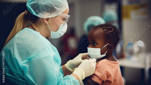 Young doctor with a newly arrived African child on a boat, putting a mask on him after a medical checkup.