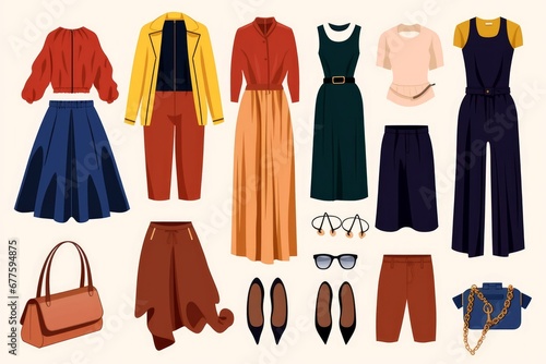 Female fashion cloth. Flat woman garment accessories fall spring season, stylish dress pants skirt shirt coat shoes. cartoon set, Generative AI