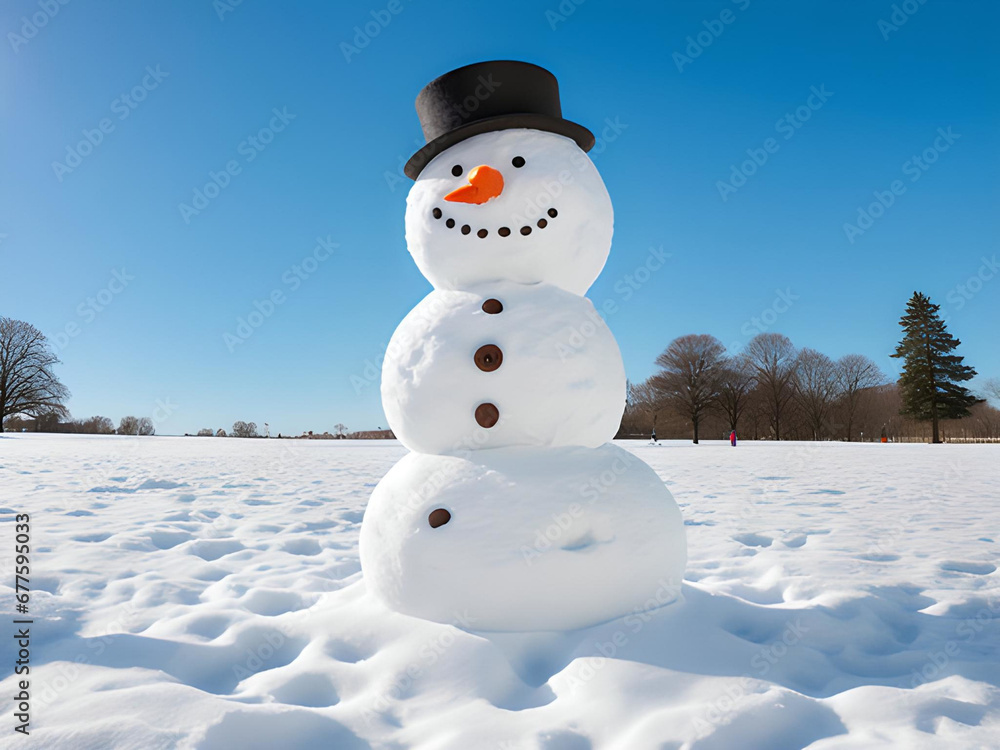 Fototapeta premium Snowman on a sunny day in the park