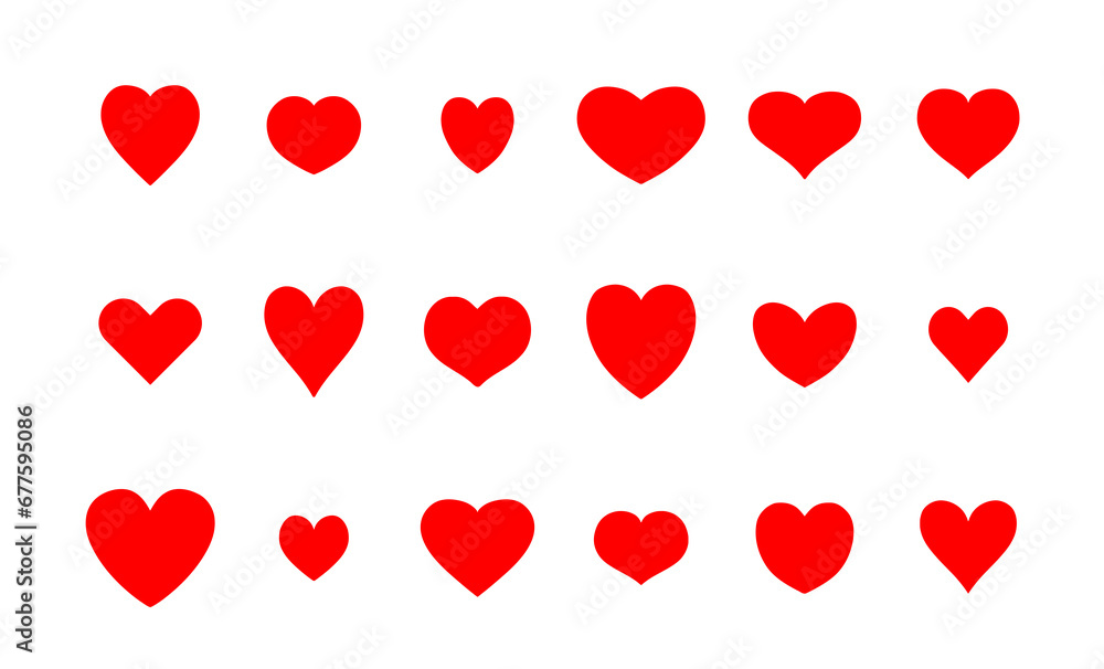 Red heart shape symbol set. Icon set of PNG hearts. Transparent PNG illustration.