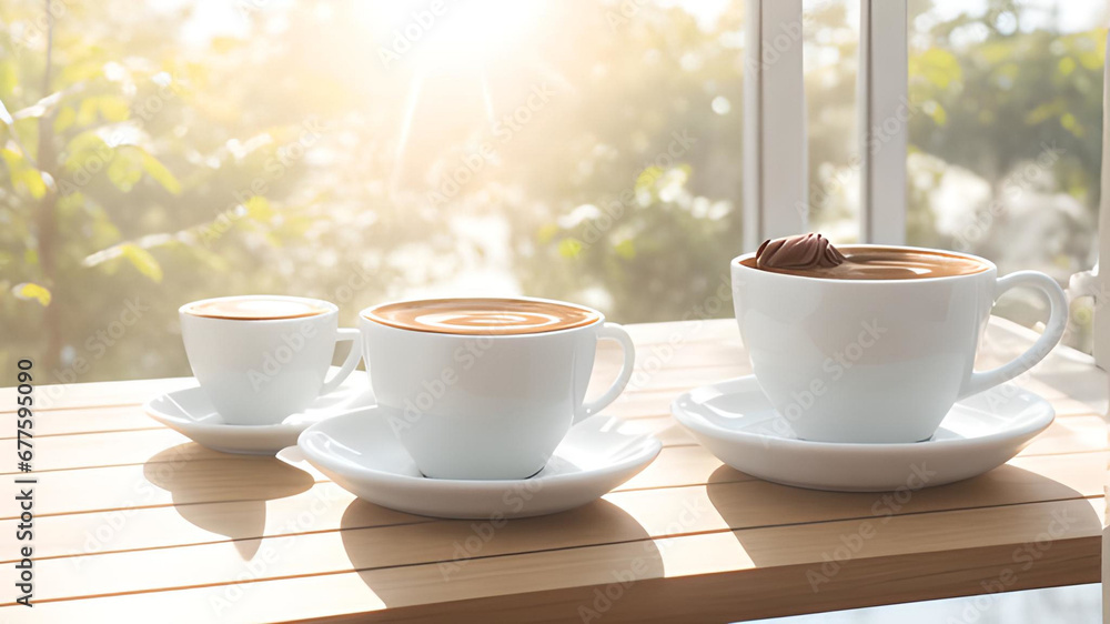 Cup of coffee on wooden table early morning Cup of coffee on wooden table early morning