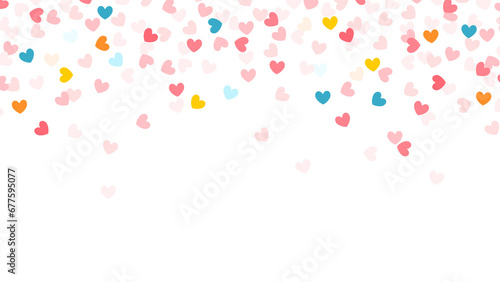 Heart confetti with copyspace. Wedding invitation template. Colorful hearts confetti falling. Transparent PNG illustration.