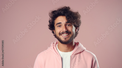Joyful man with curly hair in a pink hoodie, sporting a friendly smile. © Ai Studio