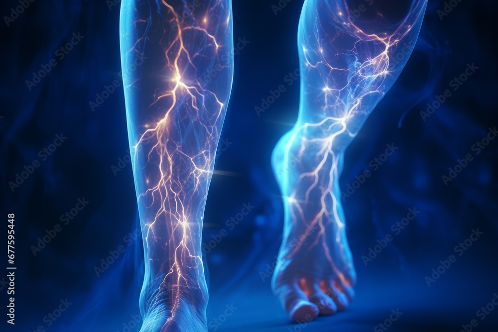 Close-up of leg with varicose veins disease. Glowing image - obrazy, fototapety, plakaty 