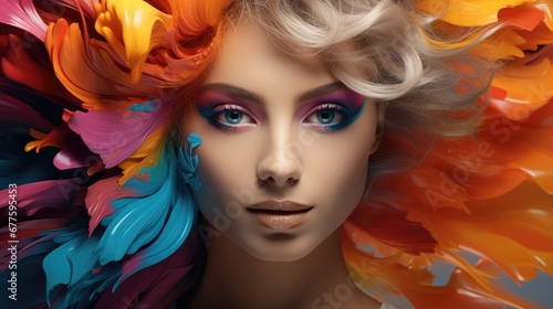 Portrait of attractive woman with Color explosion mask, Woman with extreme colorful makeup. © visoot