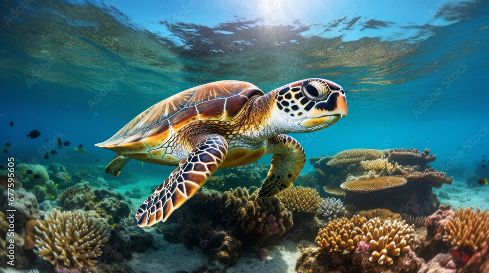 Obraz premium Marine turtle swimming on deep blue ocean. Marine turtle and wildlife concept.