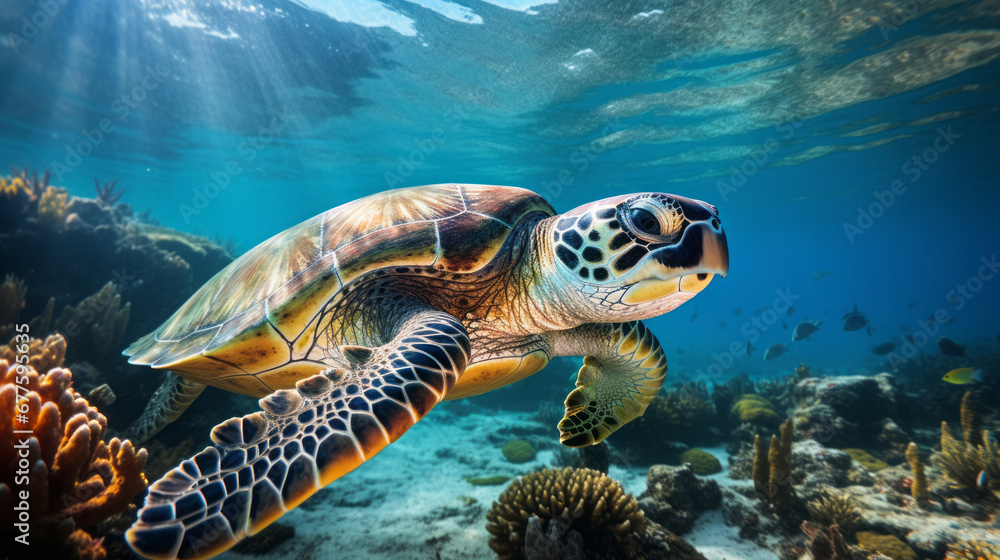 Obraz premium Marine turtle swimming on deep blue ocean. Marine turtle and wildlife concept.