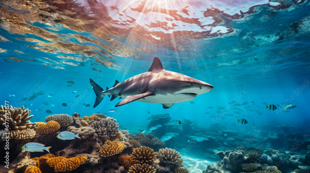 Shark swimming on deep ocean. Wildlife concept. Shark swimming on deep ocean. Wildlife concept.