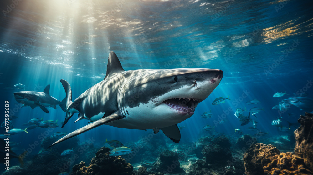 Fototapeta premium Shark swimming on deep ocean. Wildlife concept.