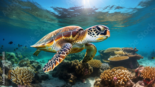 Marine turtle swimming on deep blue ocean. Marine turtle and wildlife concept. © Renrae