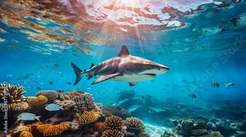 Shark swimming on deep ocean. Wildlife concept.