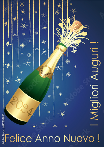 Felice anno nuovo 2024. Formato A4. Biglietto d'auguri blù e oro in italiano. Illustrazione vettoriale. Sfondo festivo.