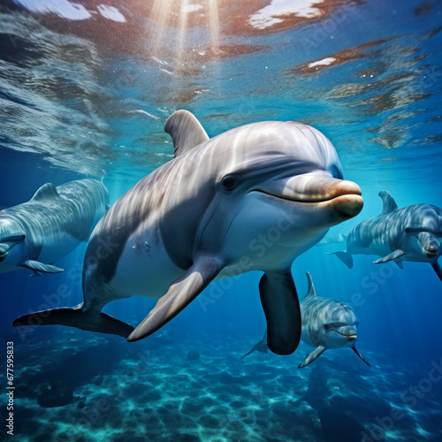 School of dolphin swimming in blue ocean. Marine and wildlife concept © Renrae
