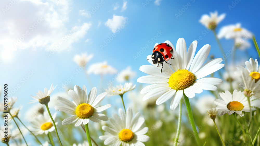 Ladybug on chamomile flower ladybug in nature
