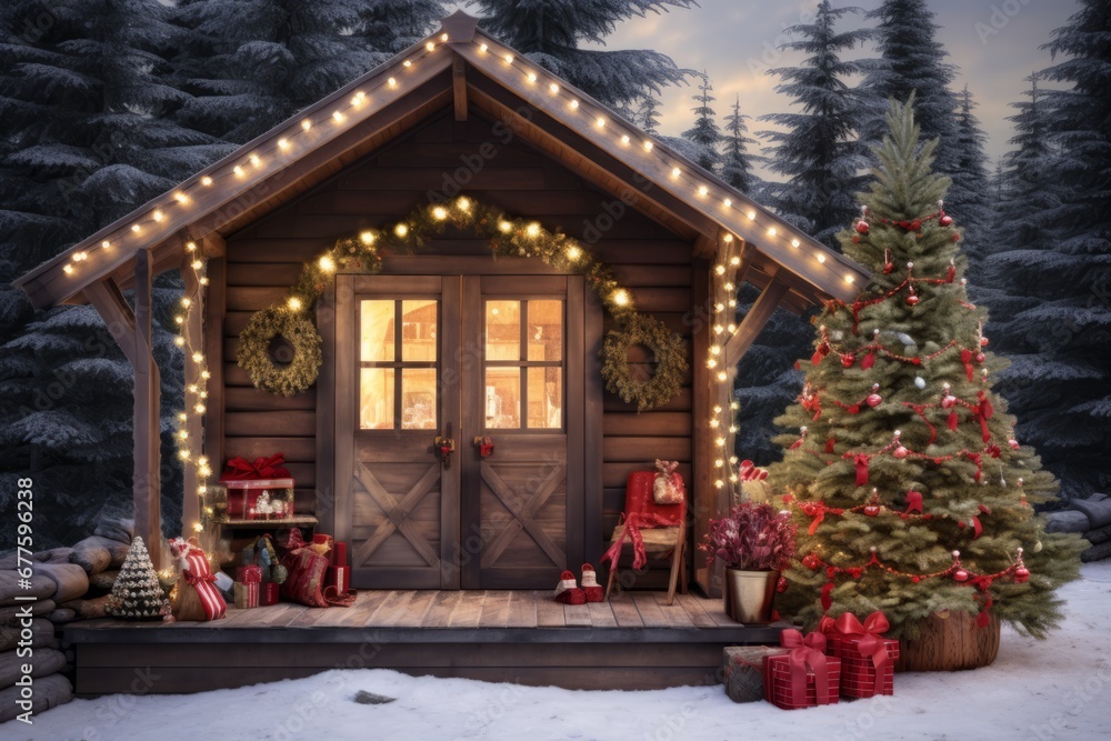 Facade of wooden log cabin with Christmas Light and Christmas Tree in the foreground.