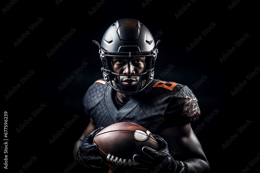 Studio portrait of professional American football player in black uniform holding ovoid ball in his hands. African American athlete wearing helmet with protective mask. Isolated in black background.