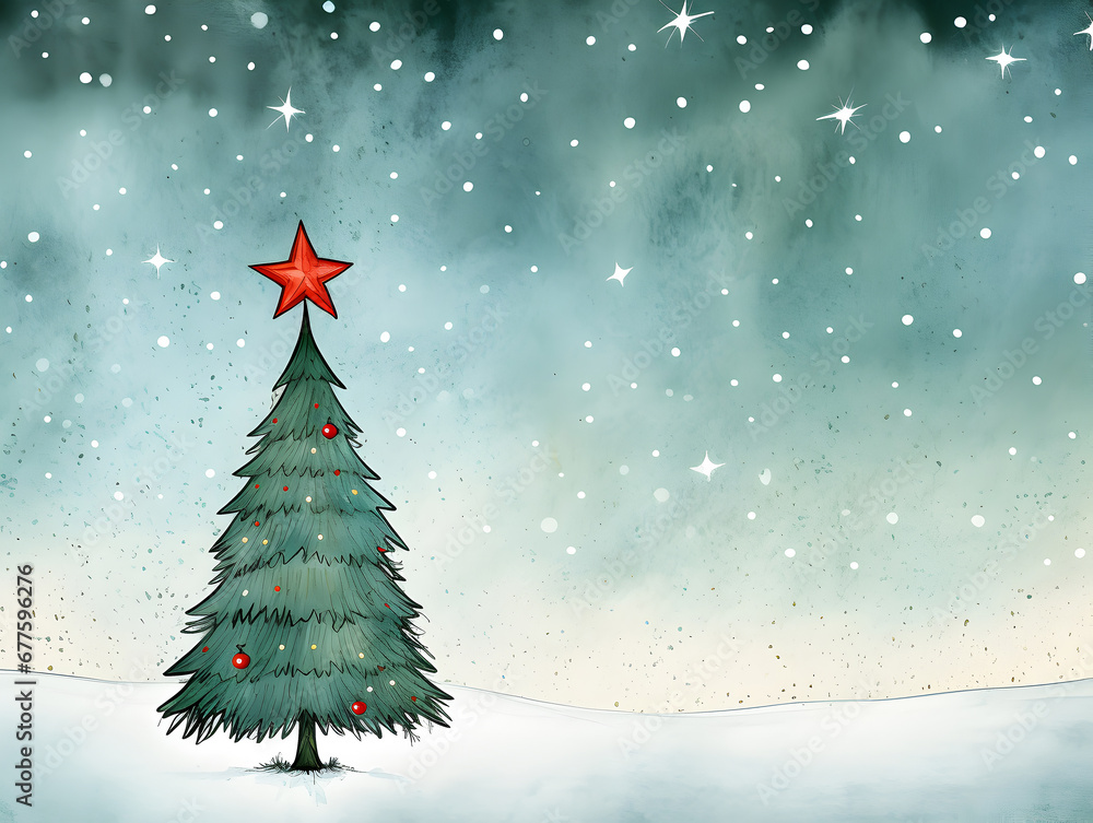 A Christmas tree illustration with a festive and sparkly blurred background.  Ideal for Christmas cards.  Horizontal print ready 4:3 ratio