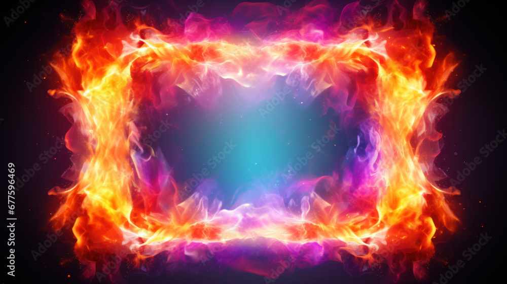 Fototapeta premium Frame of multi-colored neon fire on black background