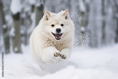 A happy dog running through swirling snowflakes, with its fur dusted in snow