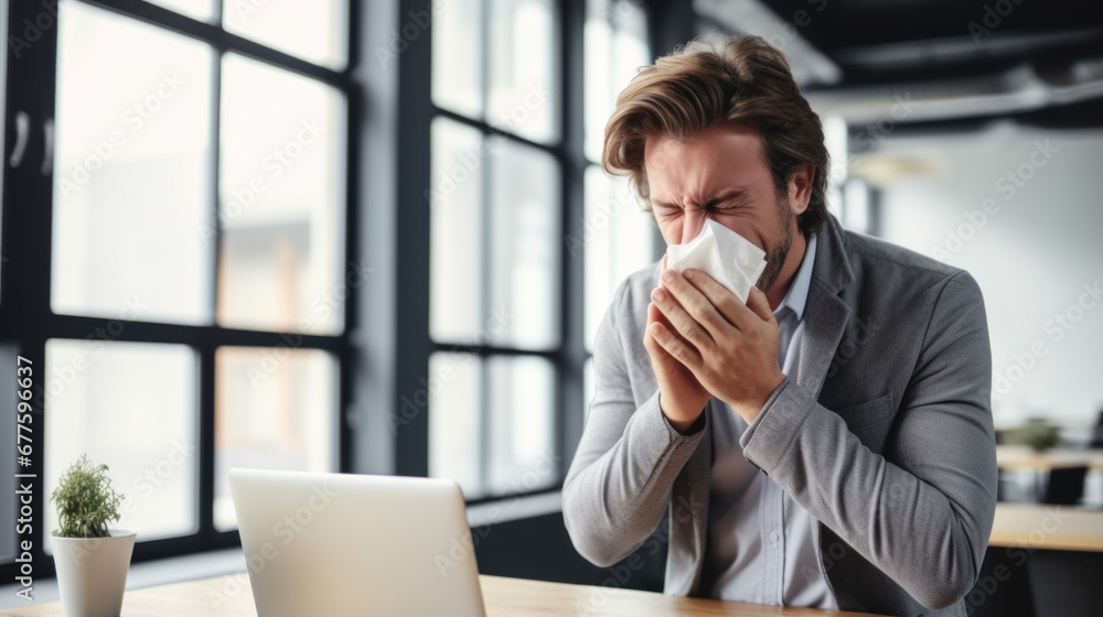Ill man is sneezing and spreading infection in the office Ill man is sneezing and spreading infection in the office