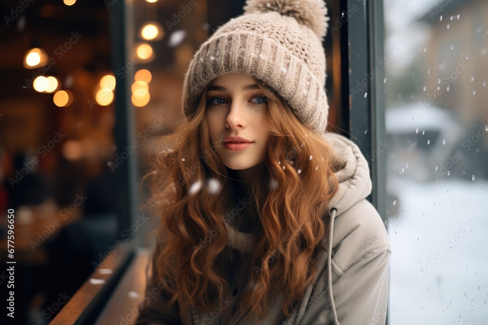 A beautiful girl is sitting in front of the coffee shop, It's winter, It's snowing. A beautiful girl is sitting in front of the coffee shop, It's winter, It's snowing.
