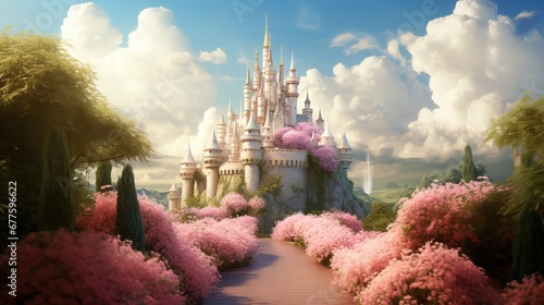 A fabulous castle with a path of lush flowers and cotton candy clouds
