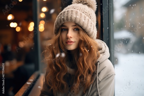 A beautiful girl is sitting in front of the coffee shop, It's winter, It's snowing.
