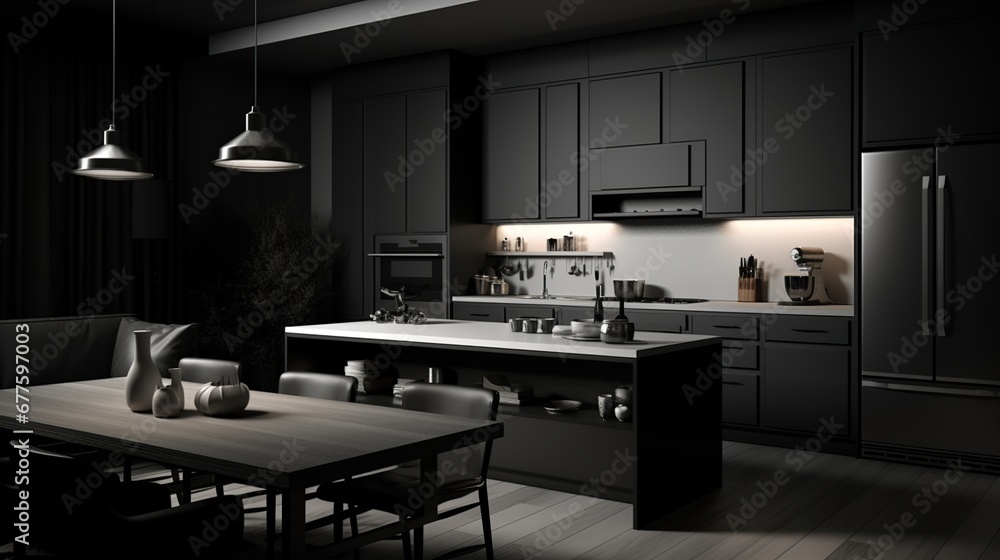 Black monochrome kitchen. Minimalism. Black monochrome kitchen. Minimalism.