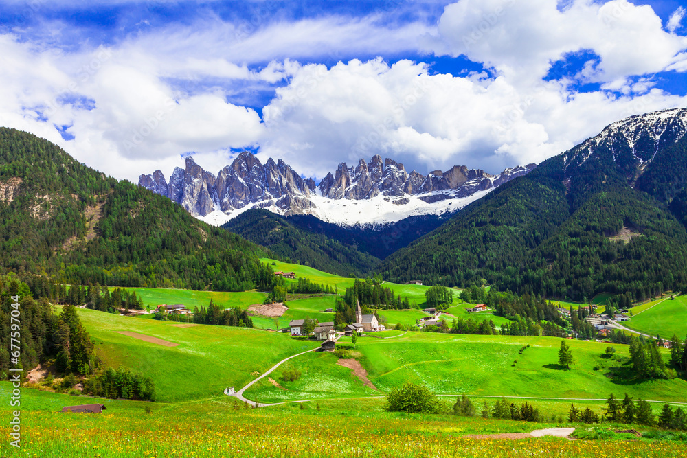 Stunning Alpine scenery of breathtaking Dolomites rocks mountains in Italian Alps, South Tyrol, Italy. famous and popular ski resort