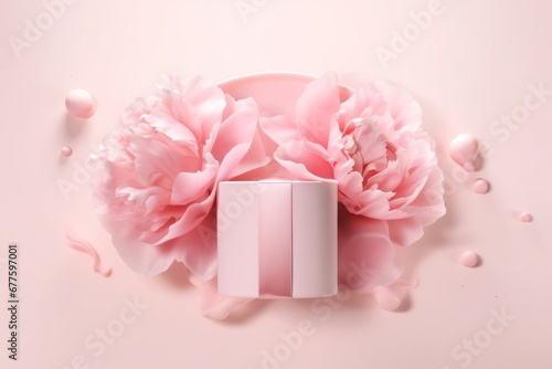 3D background display, open gift box. Cosmetic product presentation. Nature pastel peony flower. Pink cloth on wind. Present for woman. feminine mockup. Valentines day or birthday, Generative AI
