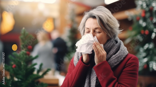 Senior lady sneezing in her apartment