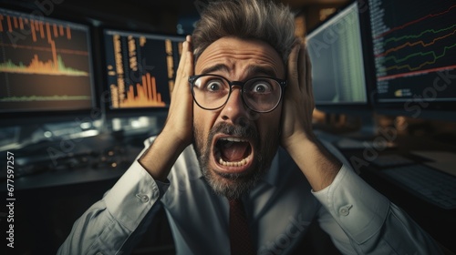 Investor seeing error in his computer and panic.