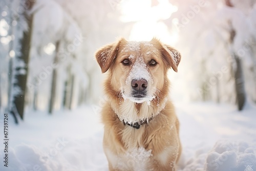 A happy dog in snow forest, close up