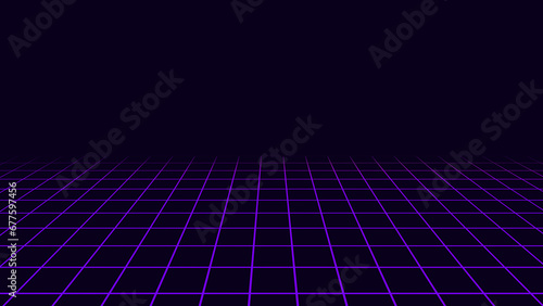 Purple virtual space. Wireframe landscape with neon colour. Illustration of the metaverse dimension. Virtual space with futuristic mesh.