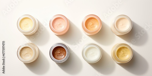 Cosmetic Jars Mockup Composition. Skin Care Cream In Tubes. Lotion Bottle  Gel Containers. Top View Of Skincare Product Packages.