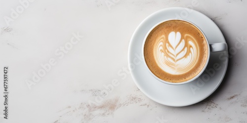 Hot Coffee In White Cup With Latte Art. Creamy Aromatic Drink. Overhead View Of Cappuccino Mug. Caffeine Beverage. Copy Space.