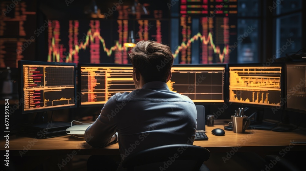 Back View of a Stressed trader stock trader sitting in front of his screens on his desk, Depressed and frustrated in front of his screen with a losing stock chart.