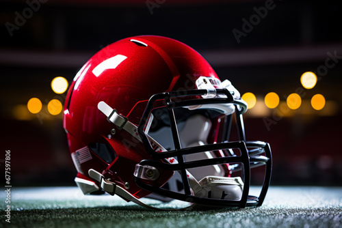 Close-up shot of American football helmet lying on green field of football stadium. Protective helmet with wire mask is an important element of a football player's equipment. Blurred background.