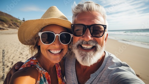 Pareja de 50 años tomándose un selfie en la playa. Disfrutar de la jubilación viajando por todo el mundo. photo