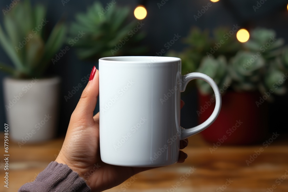 Mock up of white blank mug with christmas bokeh and cones on background
